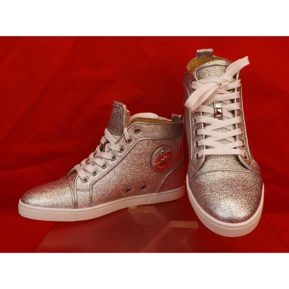 NIB LOUBOUTIN BIP BIP SILVER ORLATO FLAT LUREX LEATHER HI TOP SNEAKERS 39.5 - Picture 5 of 12